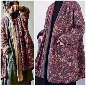 Buykud Linen Cotton Coat Floral Jacket Art to Wear Boho Kimono Lagenlook XL NWT